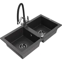 Mexen Mario 2-Becken-Granitspüle mit Mischbatterie Duo, Schwarz gesprenkelt - 6504-76-671701-07-B