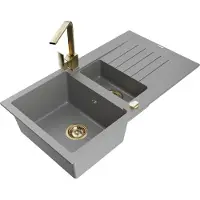Mexen Matias 1,5-Becken-Granitspüle mit Abtropffläche und Mischbatterie Rita, Grau - 6502-71-670300-50