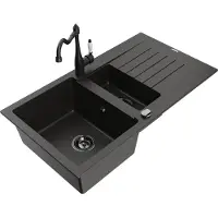 Mexen Matias 1,5-Becken-Granitspüle mit Abtropffläche und Mischbatterie Carla Schwarz/Gold metallisch - 6502-75-670700-70-B