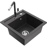 Mexen Vito 1-Becken-Granit-Spüle mit Mischbatterie Flora, Schwarz gesprenkelt - 6503-76-670401-08