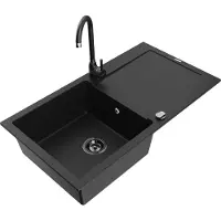Mexen Leo 1 Becken-Granitspüle mit Abtropffläche und Mischbatterie Telma, Schwarz - 6501-77-670200-70-B