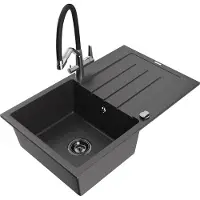 Mexen Bruno 1 Becken-Granitspüle mit Abtropffläche und Mischbatterie Duo, Schwarz gesprenkelt - 6513-76-671701-07-B