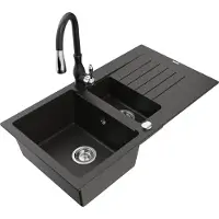 Mexen Matias 1,5-Becken-Granitspüle mit Abtropffläche und Mischbatterie Savita, Schwarz/Gold - 6502-75-672601-70