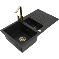 Mexen Matias 1,5-Becken-Granitspüle mit Abtropffläche und Mischbatterie Rita, Schwarz - 6502-77-670300-50