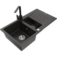 Mexen Matias 1,5-Becken-Granitspüle mit Abtropffläche und Mischbatterie Rita, Schwarz/Gold - 6502-75-670300-70
