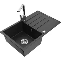 Mexen Bruno 1 Becken-Granitspüle mit Abtropffläche und Mischbatterie Rita, Schwarz/Silbermetallic - 6513-73-670300-00
