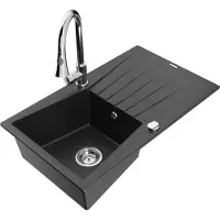 Mexen Cesar 1 Becken-Granitspüle mit Abtropffläche und Mischbatterie Elia, Schwarz/Silbermetallic - 6514-73-670101-00