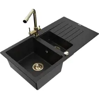 Mexen Matias 1,5-Becken-Granitspüle mit Abtropffläche und Mischbatterie Duero, Schwarz - 6502-77-671600-50