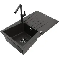 Mexen Cesar 1 Becken-Granitspüle mit Abtropffläche und Mischbatterie Flora, Schwarz/Gold metallisch - 6514-75-670401-70-B