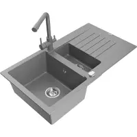 Mexen Matias 1,5-Becken-Granitspüle mit Abtropffläche und Mischbatterie Duero, Grau - 6502-71-671600-71