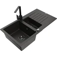 Mexen Matias 1,5-Becken-Granitspüle mit Abtropffläche und Mischbatterie Rita, Schwarz/Gold - 6502-75-670300-50-B