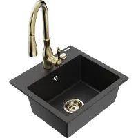 Mexen Milo 1-Becken-Granit-Spüle mit Mischbatterie Savita, Schwarz/Silbermetallic- 6505-73-672601-50