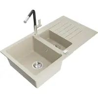 Mexen Matias 1,5-Becken-Granitspüle mit Abtropffläche und Mischbatterie Flora, Beige - 6502-69-670401-07
