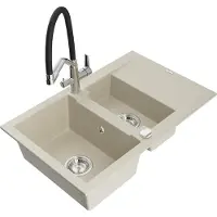 Mexen Gaspar 1,5-Becken-Granitspüle mit Abtropffläche und Mischbatterie Duo, Beige - 6507-69-671701-07
