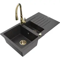 Mexen Matias 1,5-Becken-Granitspüle mit Abtropffläche und Mischbatterie Savita, Schwarz gesprenkelt - 6502-76-672601-50