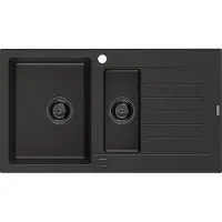 Mexen Matias 1,5-Becken-Granitspüle mit Abtropffläche 900 x 505 mm, Schwarz/Gold metallisch, Siphon Schwarz - 6502901505-75-B