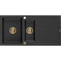 Mexen Andres 1,5-Becken-Granitspüle mit Abtropffläche 1000 x 500 mm Schwarz/Silbermetallic, Siphon Gold - 6515101510-73-G