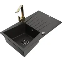 Mexen Cesar 1 Becken-Granitspüle mit Abtropffläche und Mischbatterie Rita, Schwarz/Gold metallisch - 6514-75-670300-50-B