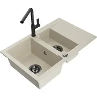 Mexen Gaspar 1,5-Becken-Granitspüle mit Abtropffläche und Mischbatterie Flora, Beige - 6507-69-670401-70-B