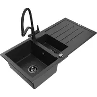 Mexen Andres 1,5-Becken-Granitspüle mit Abtropffläche und Mischbatterie Duo, Schwarz/Silber - 6515-73-671701-70-B