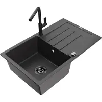 Mexen Bruno 1 Becken-Granitspüle mit Abtropffläche und Mischbatterie Flora, Schwarz gesprenkelt - 6513-76-670401-70-B