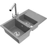Mexen Gaspar 1,5-Becken-Granitspüle mit Abtropffläche und Mischbatterie Duero, Grau - 6507-71-671600-00