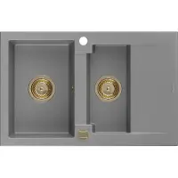 Mexen Gaspar 1,5-Becken-Granitspüle mit Abtropffläche 737 x 475 mm, Grau, Siphon Gold - 6507731505-71-G