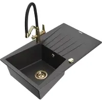 Mexen Cesar 1 Becken-Granitspüle mit Abtropffläche und Mischbatterie Duo, Schwarz gesprenkelt - 6514-76-671701-57-G