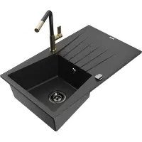 Mexen Cesar 1 Becken-Granitspüle mit Abtropffläche und Mischbatterie Flora, Schwarz/Silbermetallic - 6514-73-670401-57-B