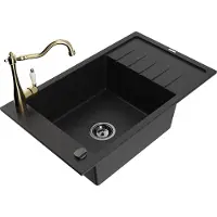 Mexen Elias 1 Becken-Granitspüle mit Abtropffläche und Mischbatterie Carla, Schwarz - 6511-77-670700-50-B