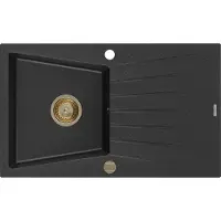 Mexen Cesar Granitspüle mit einem Becken und einer Abtropffläche 775 x 470 mm, Schwarz/Silbermetallic, Siphon Gold - 6514771010-