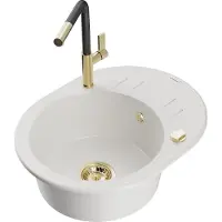 Mexen Kevin 1 Becken-Granitspüle mit Abtropffläche und Mischbatterie Flora, Weiß - 6517-20-670401-57-G