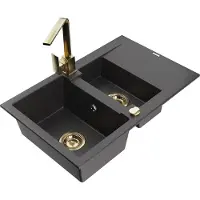 Mexen Gaspar 1,5-Becken-Granitspüle mit Abtropffläche und Mischbatterie Rita, Schwarz gesprenkelt - 6507-76-670300-50