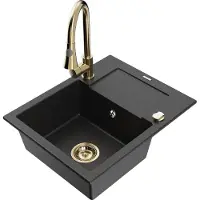 Mexen Enzo 1 Becken-Granitspüle mit Abtropffläche und Mischbatterie Elia, Schwarz/Silbermetallic - 6506-73-670101-50