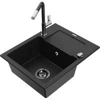 Mexen Enzo 1 Becken-Granitspüle mit Abtropffläche und Mischbatterie Flora, Schwarz - 6506-77-670401-07-B