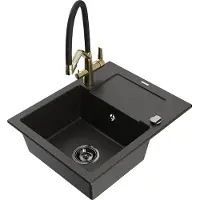 Mexen Enzo 1 Becken-Granitspüle mit Abtropffläche und Mischbatterie Duo, Schwarz/Gold metallisch - 6506-75-671701-57-B