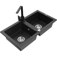 Mexen Mario 2-Becken-Granitspüle mit Mischbatterie Rita, Schwarz/Silbermetallic - 6504-73-670300-70