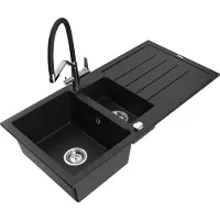 Mexen Andres 1,5-Becken-Granitspüle mit Abtropffläche und Mischbatterie Duo, Schwarz - 6515-77-671701-07