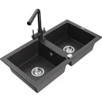 Mexen Mario 2-Becken-Granitspüle mit Mischbatterie Duero, Schwarz gesprenkelt - 6504-76-671600-76