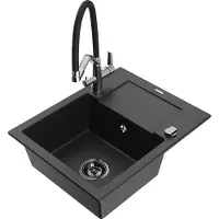 Mexen Enzo 1 Becken-Granitspüle mit Abtropffläche und Mischbatterie Duo, Schwarz/Silbermetallic - 6506-73-671701-07-B