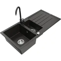 Mexen Andres 1,5-Becken-Granitspüle mit Abtropffläche und Mischbatterie Telma, Schwarz/Gold - 6515-75-670200-70