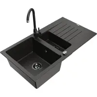 Mexen Matias 1,5-Becken-Granitspüle mit Abtropffläche und Mischbatterie Telma, Schwarz/Gold - 6502-75-670200-70-B