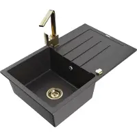 Mexen Bruno 1 Becken-Granitspüle mit Abtropffläche und Mischbatterie Rita, Schwarz gesprenkelt - 6513-76-670300-50