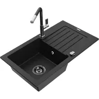Mexen Pablo 1 Becken-Granitspüle mit Abtropffläche und Mischbatterie Flora, Schwarz - 6510-77-670401-07-B