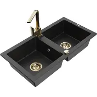Mexen Mario 2-Becken-Granitspüle mit Mischbatterie Rita, Schwarz/Silbermetallic - 6504-73-670300-50