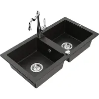 Mexen Mario 2-Becken-Granitspüle mit Mischbatterie Carla, Schwarz/Gold metallisch - 6504-75-670700-00