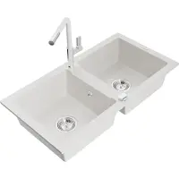 Mexen Mario 2-Becken-Granitspüle mit Mischbatterie Flora, Weiß - 6504-20-670401-02