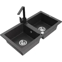 Mexen Mario 2-Becken-Granitspüle mit Mischbatterie Rita, Schwarz gesprenkelt - 6504-76-670300-70