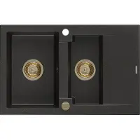Mexen Gaspar 1,5-Becken-Granitspüle mit Abtropffläche 737 x 475 mm, Schwarz/Gold metallisch, Siphon Gold - 6507731505-75-G