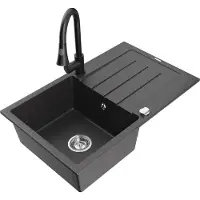 Mexen Bruno 1 Becken-Granitspüle mit Abtropffläche und Mischbatterie Elia, Schwarz gesprenkelt - 6513-76-670101-70